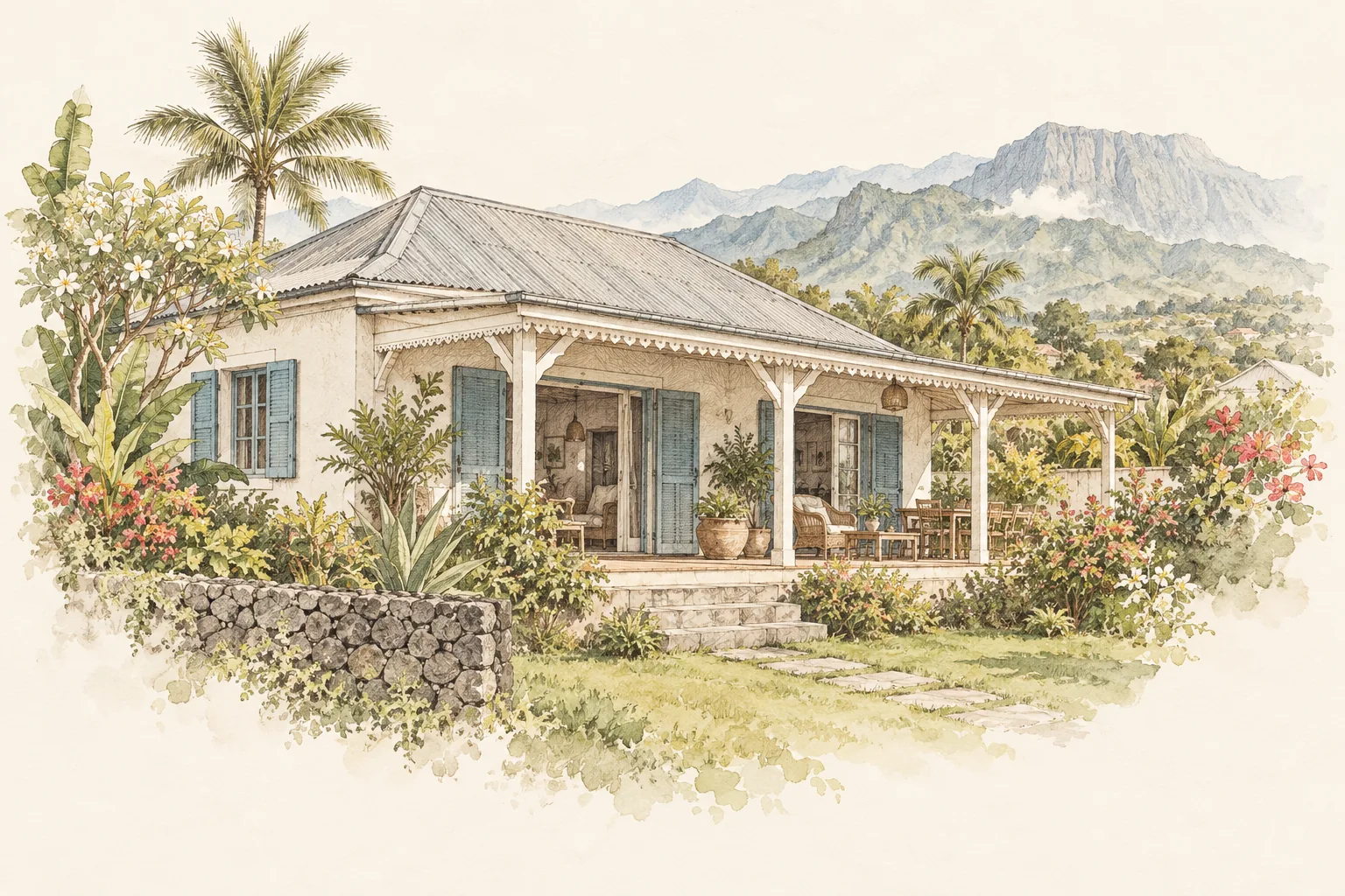 Croquis d’une maison réunionnaise avec sa varangue et son jardin
