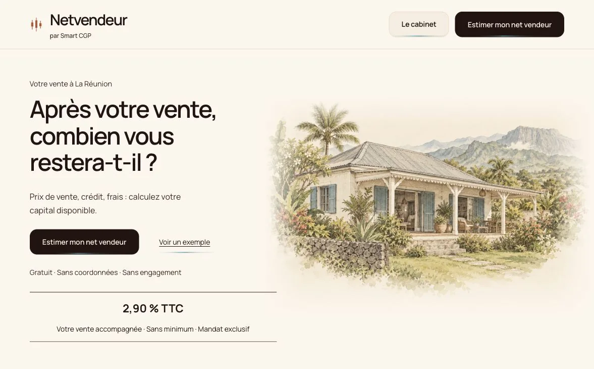 Aperçu de la page d’accueil Netvendeur et de son simulateur immobilier